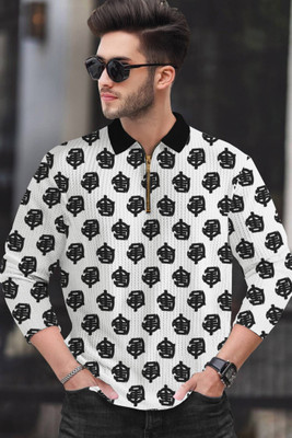 NB NICKY BOY Printed Men Polo Neck White, Black T-Shirt
