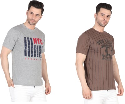 K2Creations Printed Men Round Neck Grey, Brown T-Shirt