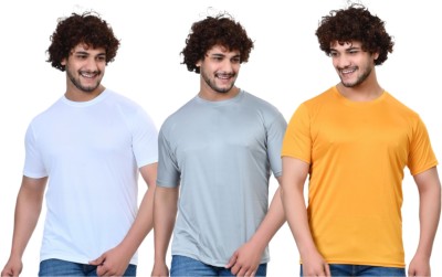 RENU FASHIONS Solid Men Round Neck Grey, Yellow, White T-Shirt