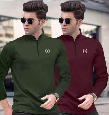 FastColors Solid Men Zip Neck Maroon, Dark Green T-Shirt