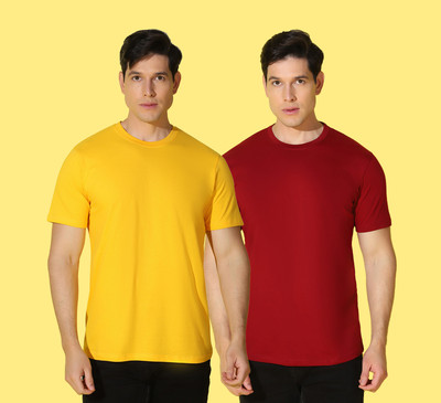 WOOSTRO Solid Men Round Neck Yellow, Red T-Shirt