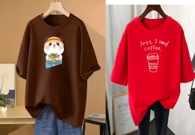 RAPTUROUS Printed Women Round Neck Brown, Red T-Shirt