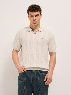 THE BEAR HOUSE Self Design Men Polo Neck Beige T-Shirt