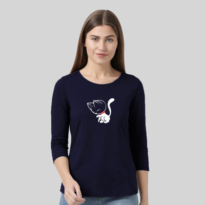 Trendtee Printed Women Round Neck Dark Blue T-Shirt