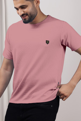 Yazole Solid Men Round Neck Pink T-Shirt