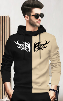 BLIVE Printed Men Hooded Neck Black, Beige T-Shirt