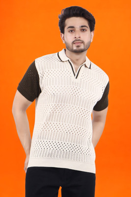 LWALS Printed Men Polo Neck Beige, Black T-Shirt