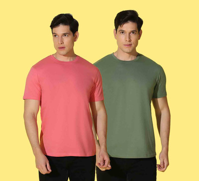 WOOSTRO Solid Men Round Neck Green, Pink T-Shirt