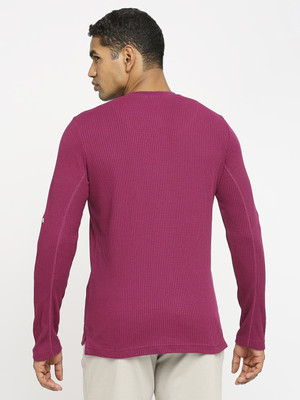 BASICS Solid Men Henley Neck Pink T-Shirt