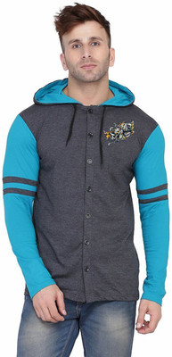 Lawful Casual Solid, Colorblock Men Hooded Neck Multicolor T-Shirt