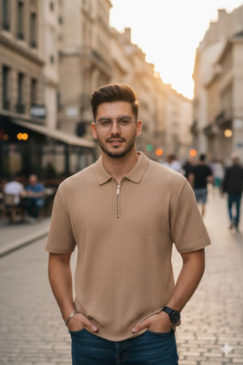 Siya Fashion Solid Men Zip Neck Beige T-Shirt