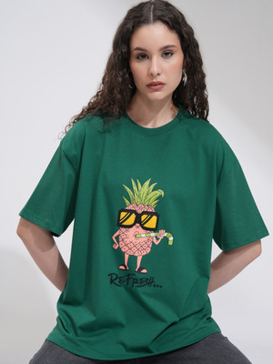 Tokyo Talkies Printed Women Round Neck Green T-Shirt