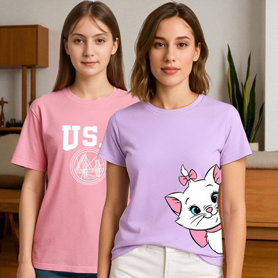 Elvia Printed Women Round Neck Purple, Pink T-Shirt