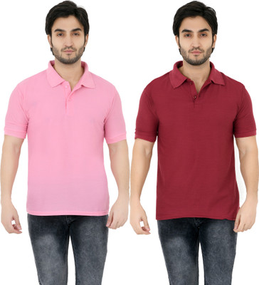YUALIN CREATION Solid Men Polo Neck Maroon T-Shirt