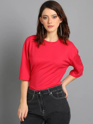 Pwexz Solid Women Round Neck Red T-Shirt