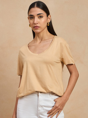 COLOR CAPITAL Solid Women Round Neck Beige T-Shirt