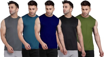 Think Tech Solid Men Round Neck Grey, Blue, Dark Blue, Black, Dark Green T-Shirt