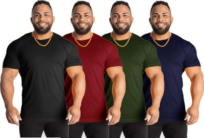 UDI N ADI Pack Of 4 Men Solid Round Neck Polyester Dark Green, Maroon, Black, Navy Blue T-Shirt For Rs. 306 @ 89 %