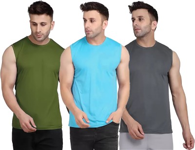 Renowned Solid Men Round Neck Dark Green, Light Blue, Grey T-Shirt