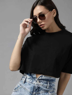 SPOWEARY Solid Women Round Neck Black T-Shirt