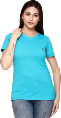 HouseOfCommon Solid Women Round Neck Light Blue T-Shirt