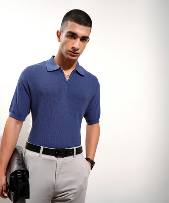 HIGHLANDER Self Design Men Polo Neck Blue T-Shirt