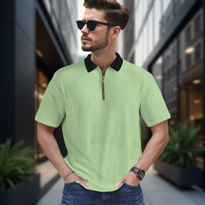 Conway Self Design Men Zip Neck Light Green T-Shirt