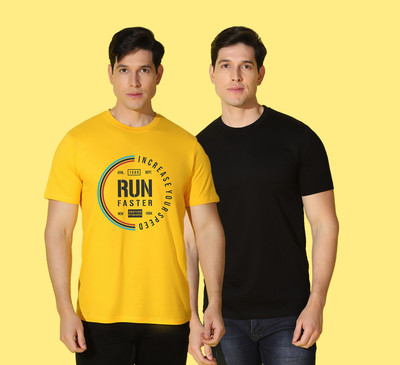 WOOSTRO Printed Men Round Neck Yellow, Black T-Shirt