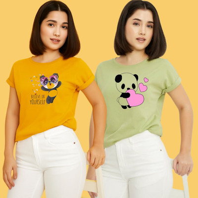 Kintu Parantu Printed Women Round Neck Yellow, Green T-Shirt