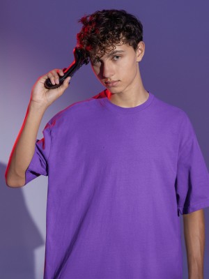 Grooves Solid Men Round Neck Purple T-Shirt
