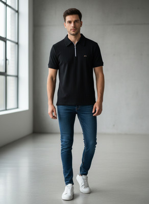 BANSII Striped Men Zip Neck Black T-Shirt