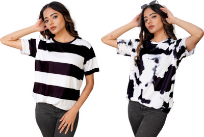 SHRIEZ Striped Women Round Neck Multicolor T-Shirt