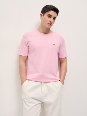 THE BEAR HOUSE Solid Men Crew Neck Pink T-Shirt