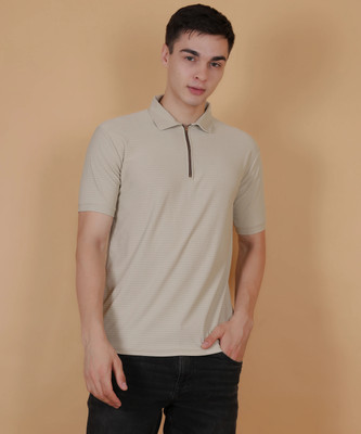 Clostyle Fashion Solid Men Polo Neck Beige T-Shirt