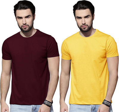 LazyChunks Solid Men Round Neck Maroon, Yellow T-Shirt