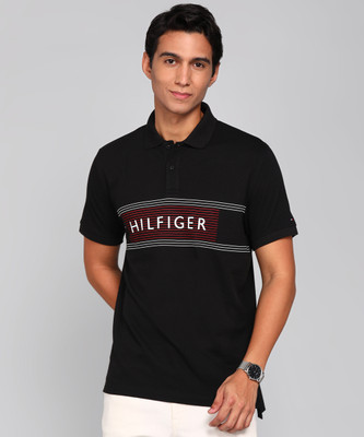 TOMMY HILFIGER Printed Men Polo Neck Black T-Shirt