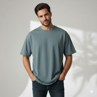 VELTRIX Solid Men Round Neck Blue T-Shirt