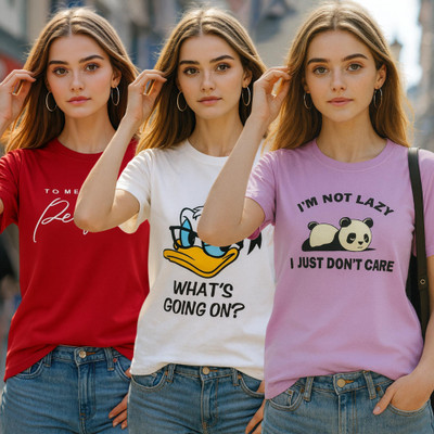 Fabflee Printed Women Round Neck Multicolor T-Shirt