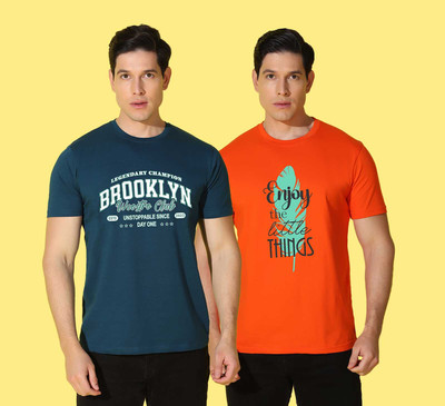WOOSTRO Printed Men Round Neck Orange, Blue T-Shirt