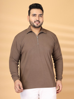 PLUSS Solid Men Polo Neck Brown T-Shirt