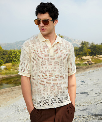 CAMPUS SUTRA Striped Men Polo Neck Beige T-Shirt