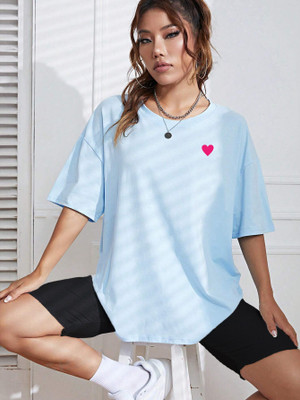 HOC Printed Women Round Neck Light Blue T-Shirt