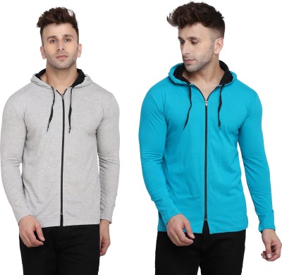 Money Leaf Solid Men Hooded Neck Silver, Light Blue T-Shirt