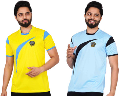 La Milano Printed Men Mandarin Collar Light Blue, Yellow T-Shirt