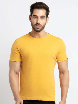 Status Quo Solid Men Round Neck Yellow T-Shirt
