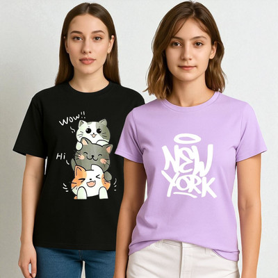 Elvia Graphic Print Women Round Neck Black, Purple T-Shirt