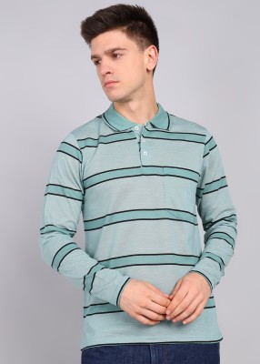 INKKR Striped Men Polo Neck Green T-Shirt