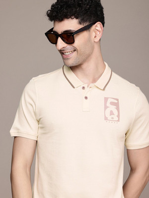WROGN Solid Men Polo Neck Beige T-Shirt