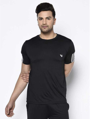 UNICUS APPAREL Striped Men Round Neck Black T-Shirt