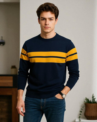 FAOES Striped Men Round Neck Navy Blue T-Shirt
